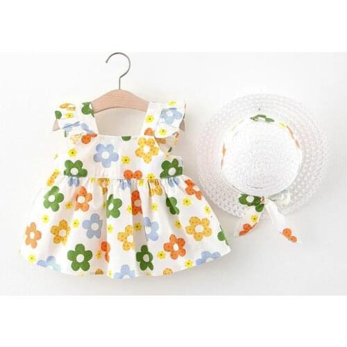 Newborn Baby Girls Floral Sling Dresses Infant Girls Fly Sleeve A-line Dress Summer Beach Square Neck Dress + Hat for Baby 0-36M