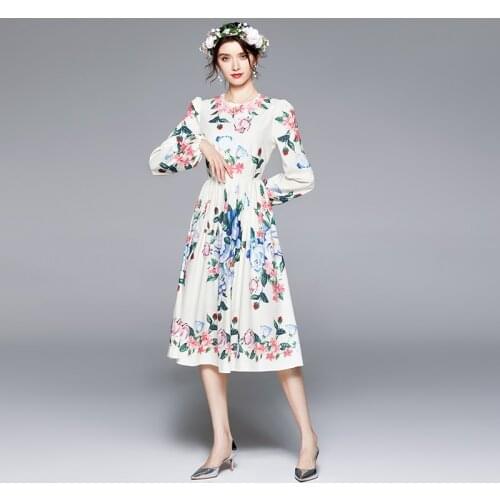 Autumn Fashion Runway Flower Dress Womens Long Puff Sleeve O Neck Floral Print High Waist Elegant Party Midi Vestidos