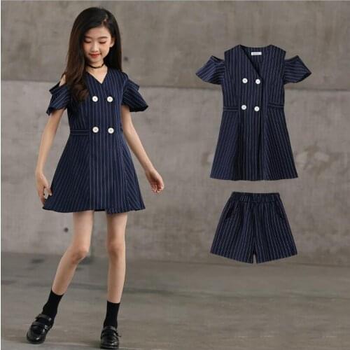 Girls Stripe Dresses And Shorts Sets Korea Fashion Clothing For Teenage Girls 2 Pcs Sets 6 8 10 12 Year Kids Clothing