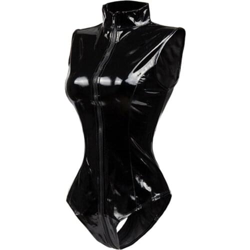 Black Crotch Zipper Sleeveless Sexy Spandex Bodysuit Leather Latex Catsuit PVC Jumpsuit Women Short PU BodySuit Clubwear