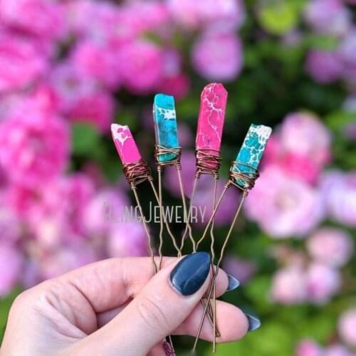 Mermaid Crystal Hair Pins Pink Green Marble Howlite Raw Stone Hair Pin Bridal Hair Accessories Mermaid Gift HJ27794