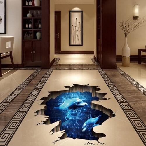 3D Dark Blue Dream Dolphin Floor Sticker Bathroom Living Room Floor Decoration Mural Wall Stickers Home Decor Decals Wallpaper