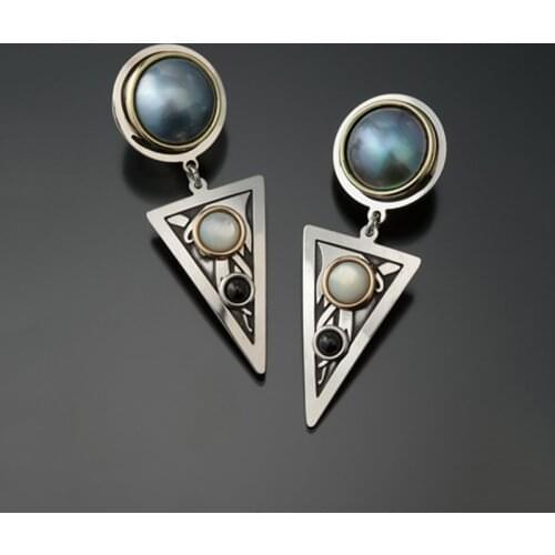 Delicate Triangle Shield Round Stone Earrings Chic Jewelry Geometric Metal Black White Beads Dangle Earrings For Women