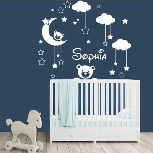 Custom Name Baby Moon Bear Vinyl Sticker Personalized Wall Decals For Kids Rooms Decoration Babys Rooms Bedroom Decor B295