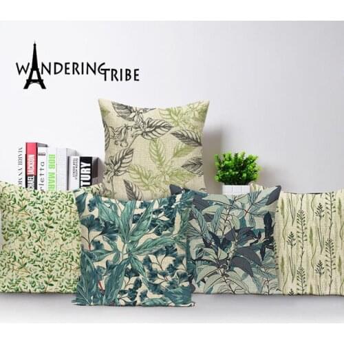 Green Pillows Covers Tropical Plant Leaves Linen Cushion Cover 45*45 Farmhouse Home Decor Living Room Cushions Pillowcase 45*45