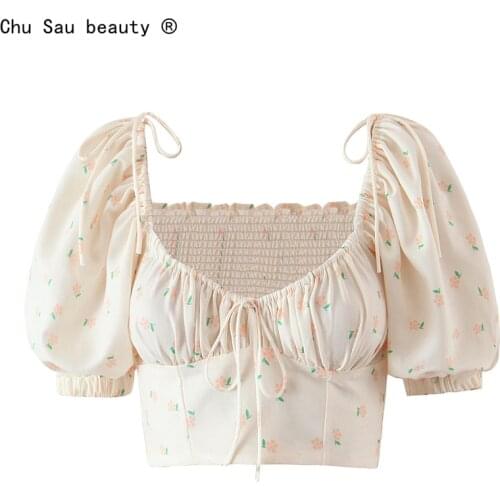 Sweet Floral Shirt Women 2021 New French Vintage Square Collar Puff Sleeve Lace-Up Folds Elastic Slim-Fit Crop Top Chic