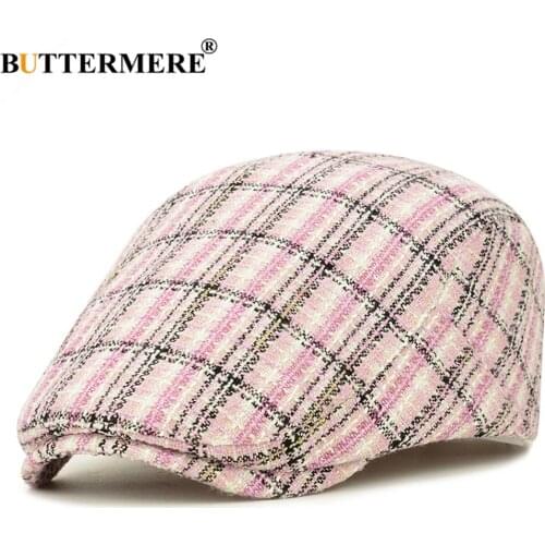 BUTTERMERE Women Beret Pink Plaid Flat Cap Ladies Ivy Cap Spring Designer Brand Adjustable 2021 New Brand Women Hat