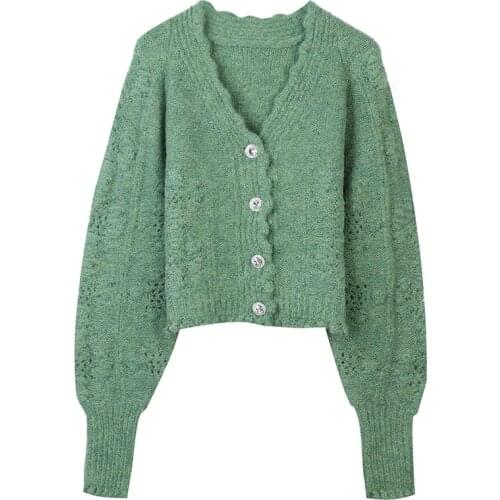 Womens 2020 Fashion Texture V-Neck Knit Solid Color Short Knit Cardigan Sweater Retro Long Sleeve Button Female Jacket Chic Top