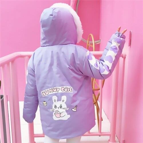 Winter new Women Sweet Harajuku Coat Pink Purple Bunny Rabbit Print Cartoon Jackets Kawaii Cute Girl Outfit with Hooded Parkas