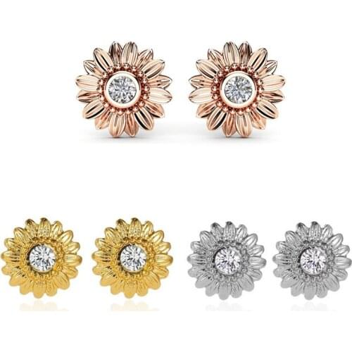 Fashion Ear Post Stud Earrings Sunflower For Women Party Club Vintage Rhinestone Metal Earrings Jewelry 13mm x 13mm, 1 Pair