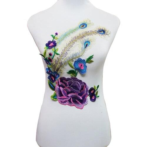 1piece Multicolors Peacock Floral Lace Patches Embroidered Venise Applique Motif Diy Sticker Sewing Accessories for Cloth T1547