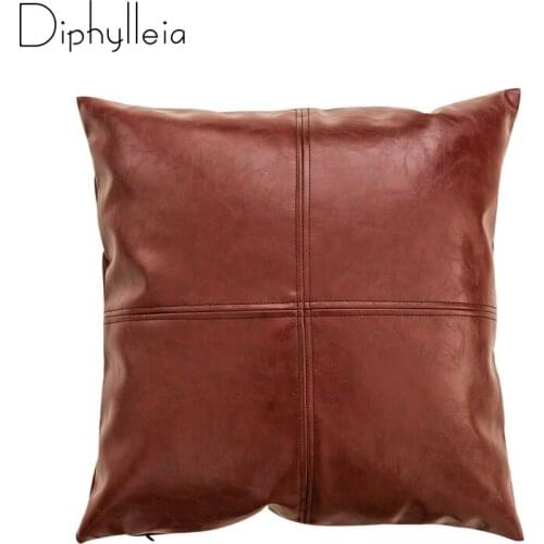 Diphylleia Cognac Brown Wax Leather Cushion Cover Faux Leather Patchwork Throw Pillow Case Modern Living Room Home Decor 18Inch