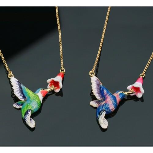 Elegant Romantic Cute Hummingbird Flower Necklace For Women Enamel Copper Bird Plant Pendant Neck Jewelry Accessories