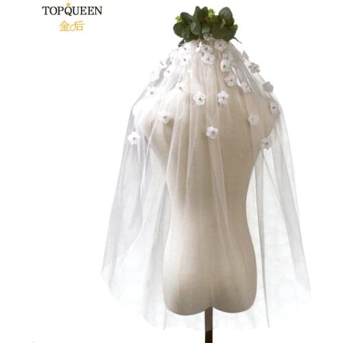 TOPQUEEN V46 Bridal Shower Veil Wedding Decorations for Bride 3D Flowers Wedding Veil with Comb Crystal Beaded Short Veil