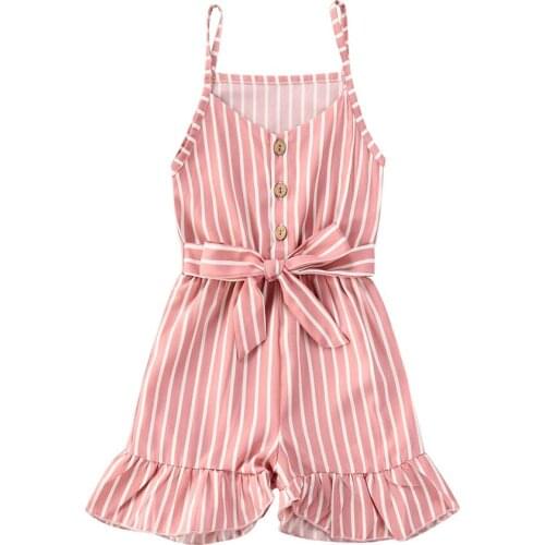New Breathable Little Girls Flouncing Jumpsuit, Sweet Style Summer Autumn Children Sleeveless Striped Suspender Siamese Trousers