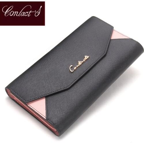 Contacts 2020 Women Wallet Clutch Genuine Leather Organizer Long Wallet Lady Envelope Coin Purse Patchwork Credit Card Holder