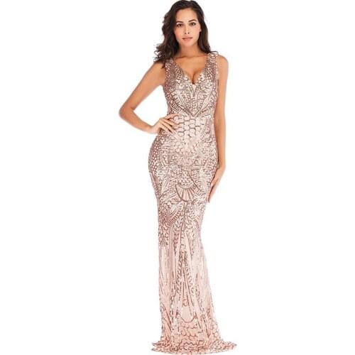 Summer Sexy Sequin Dress Women V-neck Party Dresses Ladies Long Floor-Length Vestidos Bodycon Dress