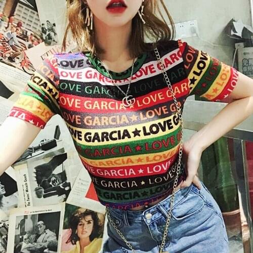 New Summer Tees Sexy Women Girls Colorful Stripped Letter Print Crop Top Shirt Blouse Casual Slim Hot Sale Club T Shirts CC205