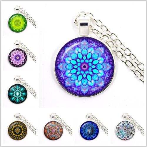 Charm Mandala Art Picture Glass Necklace Buddhism Chakra Om India Yoga Symbol Crystal Pendant Flowers Jewelry for Men Women