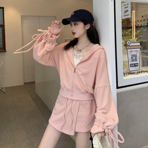 Solid Casual Tracksuit Women Sports 2 Pieces Set Sweatshirts Coat Hoodies Suit 2021 Home Sweatpants Shorts Outfits