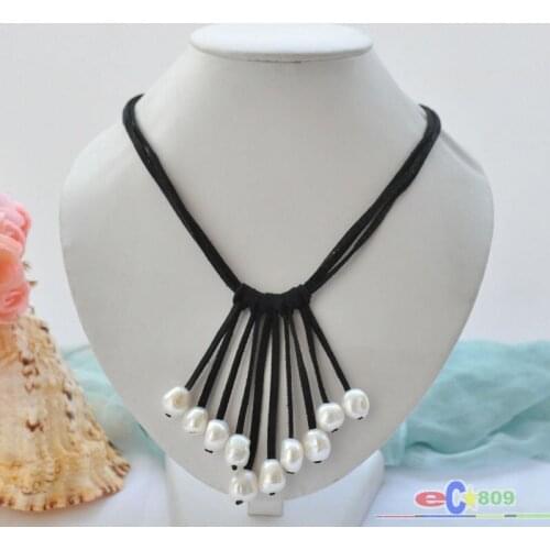 Wholesale 3row 14mm white baroque pearl black leather tassels pendant necklace