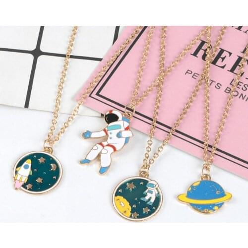 4 Styles Childlike Space Travel Pendant Necklace Cartoon Astronaut Rocket Planet Chains Cute Universe Jewelry gift Kids