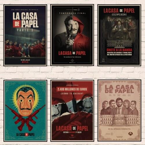 La Casa De Papel Money Heist Posters Classic Retro Kraft Paper Movie Poster Art Wall Sticker Rome Home Decoration