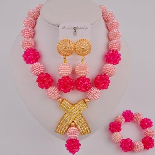 Pink and Fuchsia Pink Costume Necklace African Jewelry Set Women Nigerian Beads SP-2-19