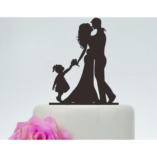 Family Wedding Cake Topper,Bride and Groom and Little Girl Silhouette Cake Topper,Mr and Mrs Wedding Decor Supplies Topper