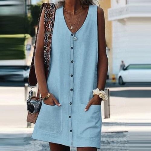 Vintage Sundress Women Summer Dress 2021 Boho Style Sexy Dress Mini Button Pockets Solid Beach Dress Female New