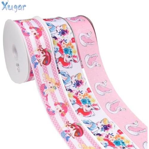 Xugar 2Yards 3"(75mm)Cartoon Ribbon Pink Swan Mermaid Printed Fabric DIY Head Accessoris Gift Wrapping Cake Decorative Materials