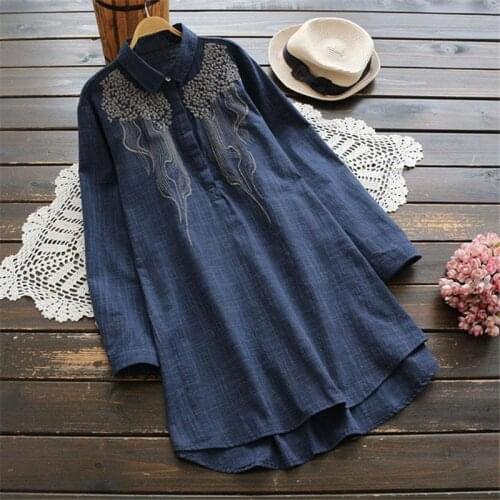 Cotton Spring Summer Women Shirts VintageTemperament Polo-Neck Casual Embroidery Long Sleeve Blouses Loose Tops Blusas MM0858