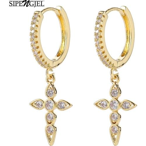 New Fashion Pave Cz Crystal Cross Hoop Earrings Top Quality Cz Crystal Stone Cross Earrings For Women Girls Fashion Jewelry