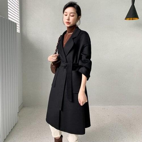 Black Double Faced Cashmere Overcoat for Womens Spring 2021 New Mid Long Lace Up Elegant Personalized Tweed Jacket