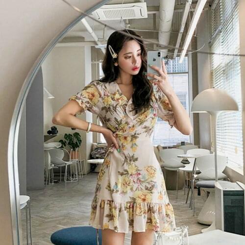 S-XL Plus Size 2021 Summer Bohemian Dress Women Short Sleeve Sexy Chiffon Dress Lady Slim Flower Print Dresses Female Vestidoes