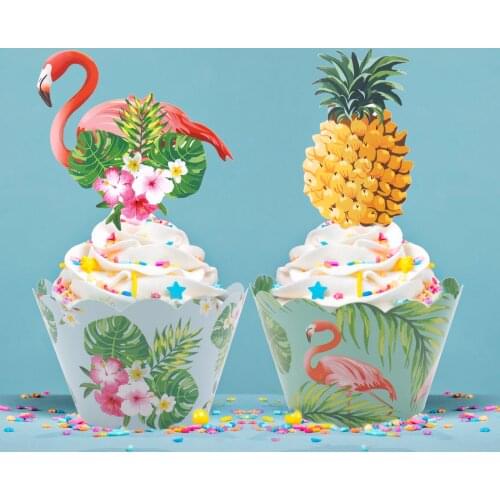 24pcs /Set Flamingo cupcake wrapper Turtle leaf cupcake wrapper pineapple cake topper Hawaii party wedding birthday cake decor