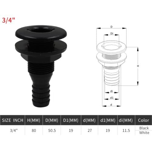 3/4'' Black Plastic Boat Thru-Hull Connector Bilge Pump Hose Fitting Yacht Part