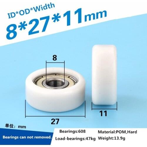 608ZZ plastic coated bearing flat pulley POM delrin plastic roller wheel for furniture drawer display cabinet 8 x 27 x11mm