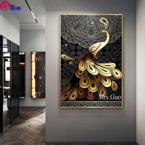 Diamond Animal Mosaic 5D DIY Diamond Painting Wall Art Golden Peacock Black Pattern Full Square Round Rhinestone Home Decor