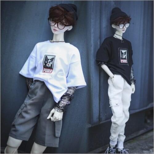 BJD Doll Clothes Sleeve Mock Two-Piece Printed Sweater T-shirt Black/White Loose-Fit Top for 1/41/3 Uncle Doll Accessories