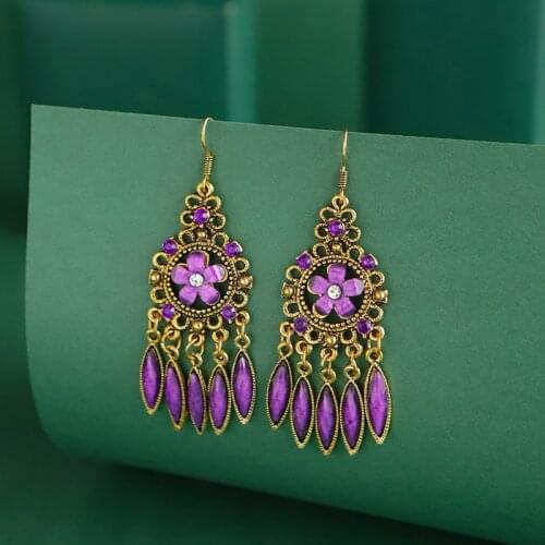 Boho Gypsy Purple Beads Flower Dangle Earrings Ethnic Tassel Ladies Jhumka Earrings Orecchini Jewelry