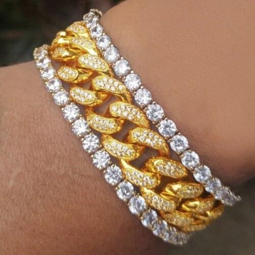 Hip Hop Men Iced Out Crystal Single Row Tennis + cuban link Bracelet Bling Iced Out Cubic Zirconia Bracelets Link Chain Jewelry