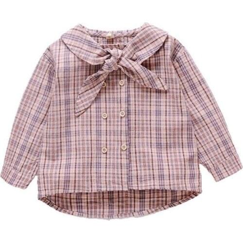 DFXD New Baby Girls Bow Collar Plaid Double-breasted Blouses Spring Autumn Cotton Toddler Girls Shirts For 2-7Yrs Children Tops