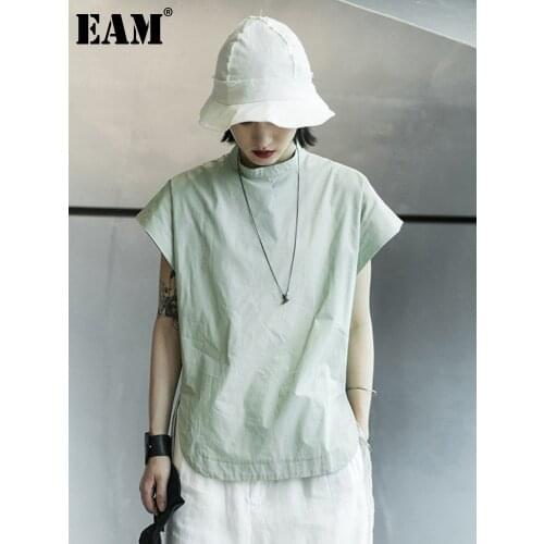 [EAM] Women Green Brief Big Size Vent Leisure T-shirt New Stand Collar Short Sleeve Fashion Tide Spring Summer 2021 1X016