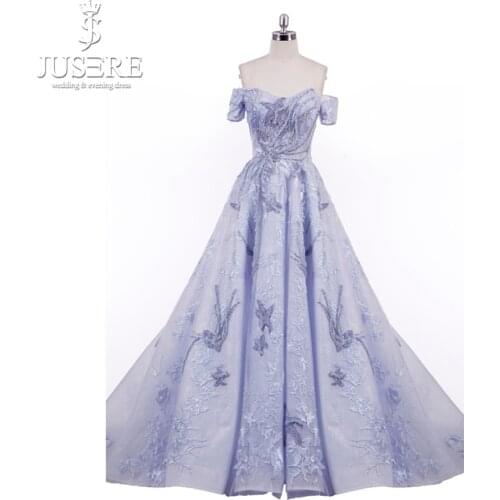 Elegant 2018 Jusere A-Line Blue Sweetheart Off Shoulder Appliqued Beaded Embroidered Floor-Length Evening Dresses Prom PartyGown