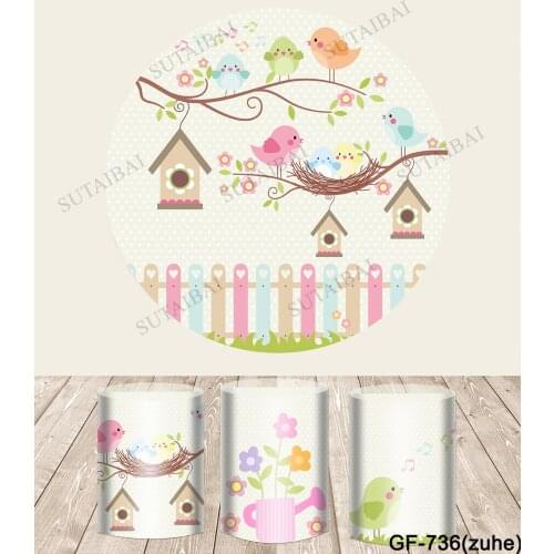 Spring Birds Backdrop Girl Birthday Party Decoration Round Circle Cylinder Column Covers Fabric Photocall Baby Shower