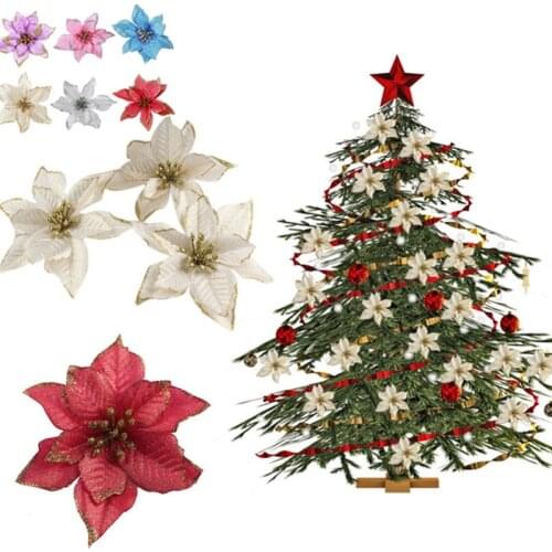 Artificial Flowers for Christmas Decor Glitter Poinsettia Fake Flowers DIY Home Xmas New Year Decor Flower Wedding Xmas Ornament