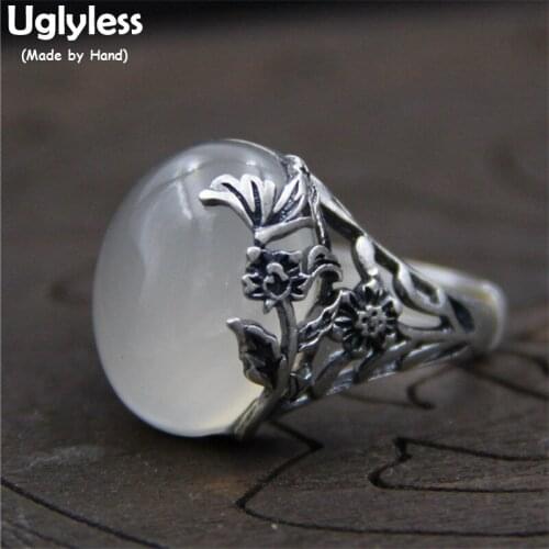 Uglyless Real S990 Silver Women Statement Jewelry Nature White Chalcedony Luxury Dress Finger Ring Handmade Carved Flower Bijoux