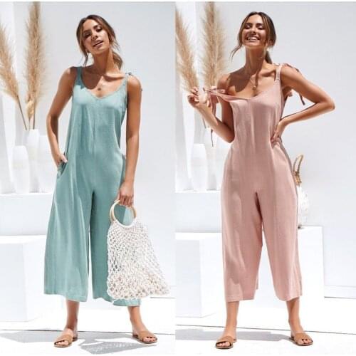 Rompers Summer new Women Casual Loose Linen Cotton Jumpsuit Sleeveless Backless Playsuit Trousers Overalls 2021