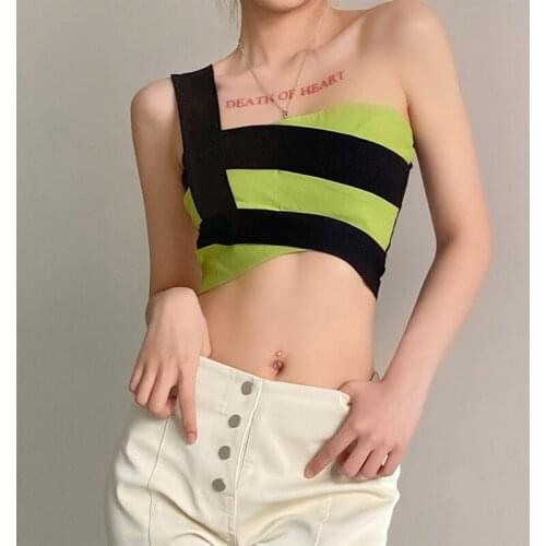 One Shoulder Crop Top Women Sexy Sleeveless Tank Top Vintage Patchwork Color Matching Y2k Knitted Crop Harajuku Camisole Tshirts